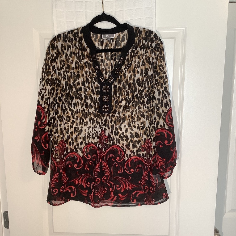 JM Collection Ladies Sheer Pullover V-Neck Blouse Black/ Brown Size L